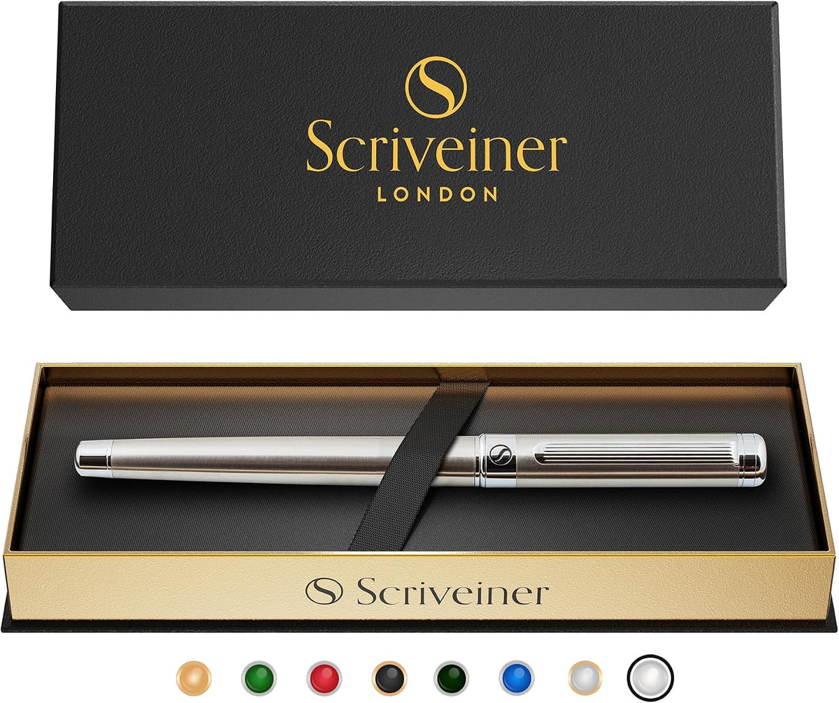 Scriveiner Stainless Steel Rollerball Pen - Stunning Luxury Metal Pen with Silver Chrome Finish, Schmidt Ink Refill, Best Roller Ball Pen Gift Set for Men & Women
