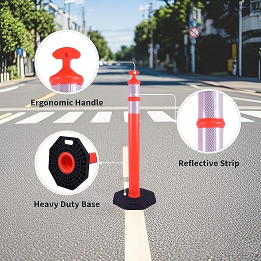 Reflective Rubber Base Traffic Delineator Post - Heavy-Duty Safety Bollards for Parking Lot Markers, Road Construction, Driveway Warning - with Reflective Strips (6 Pack - 42 Inch)
