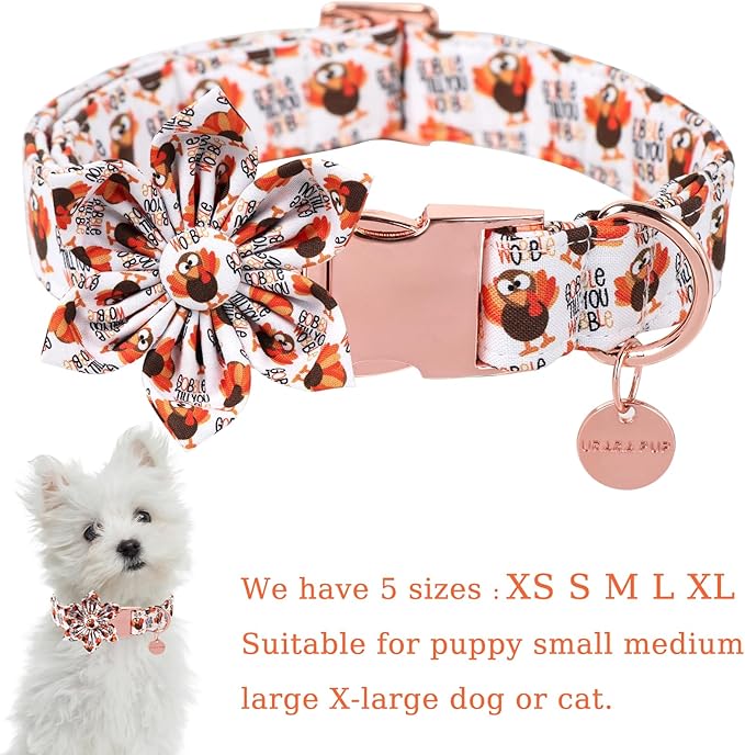 Thanksgiving Dog Collar with Flower, Turkey Cotton Flower Collar for Puppy Girl Dog or Cat, Autumn Flower Collar with Durable Metal Buckle, Thanksgiving Pet Collar, XL, Neck 16-26in