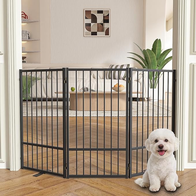 Full Metal Freestanding Dog Gate with Door, 36''Height Foldable Pet Dog Fence for Indoor & Outdoor, 3 Panels Extra Wide Free Standing TallDog Gates for Doorways,House,Stairs,Porch,Deck,Yard