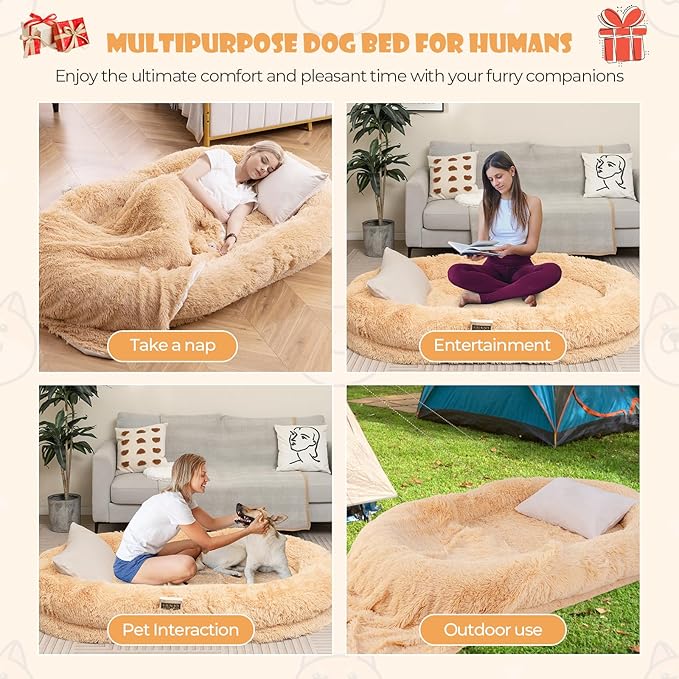 Giantex Human Dog Bed - 71" x 45" Large Human Size Dog Bed for Adult, Orthopedic Egg Crate Foam, Washable Faux Fur Bed Cover, Blanket, Pillow, for Pets and People Doze Off Napping (Brown)