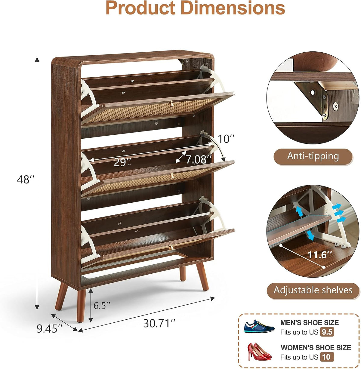 Rattan Shoe Cabinet with 3 Flip Drawers, Walnut Slim Shoe Storage