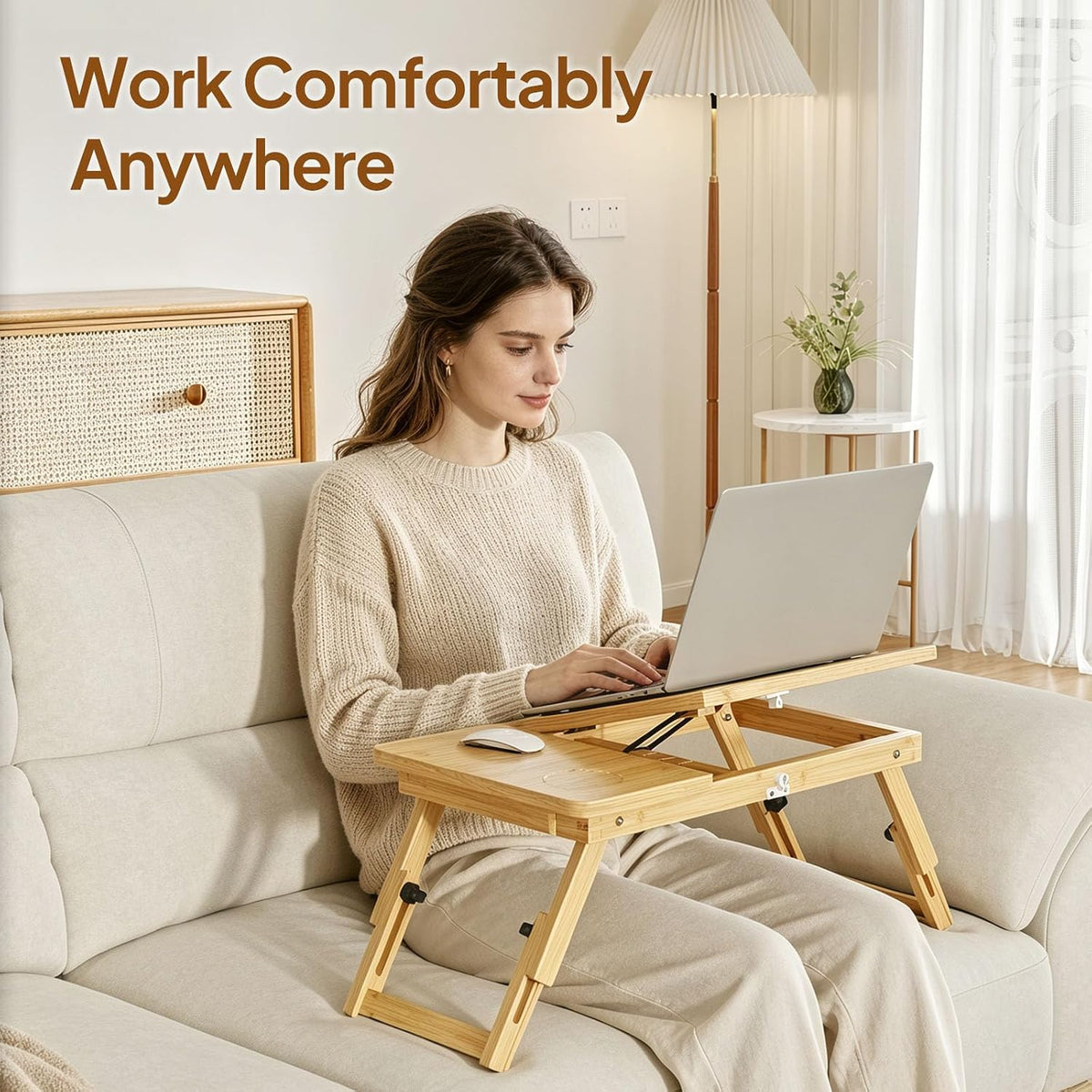 Bamboo Laptop Desk for Bed, Height & Angle Adjustable Foldable Lap Desk