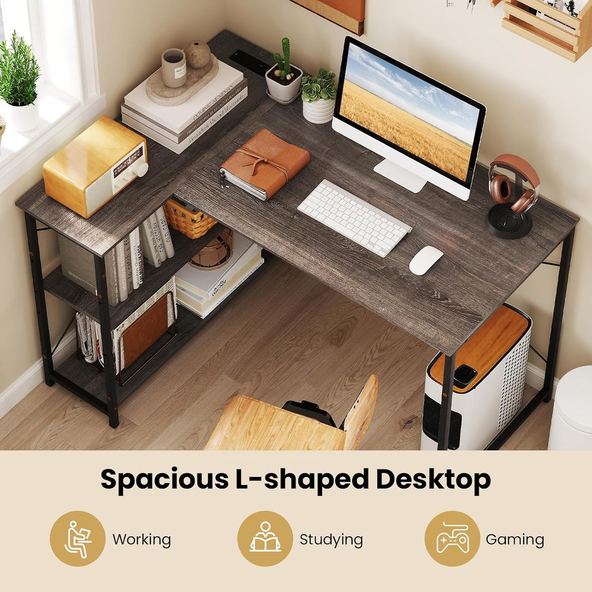 Tangkula L-Shaped Computer Desk with Reversible Shelves, 48 Inch Corner Computer Desk, Modern Writing Study Desk Home Office Workstation, Space Saving Design (48 Inch, Gray)