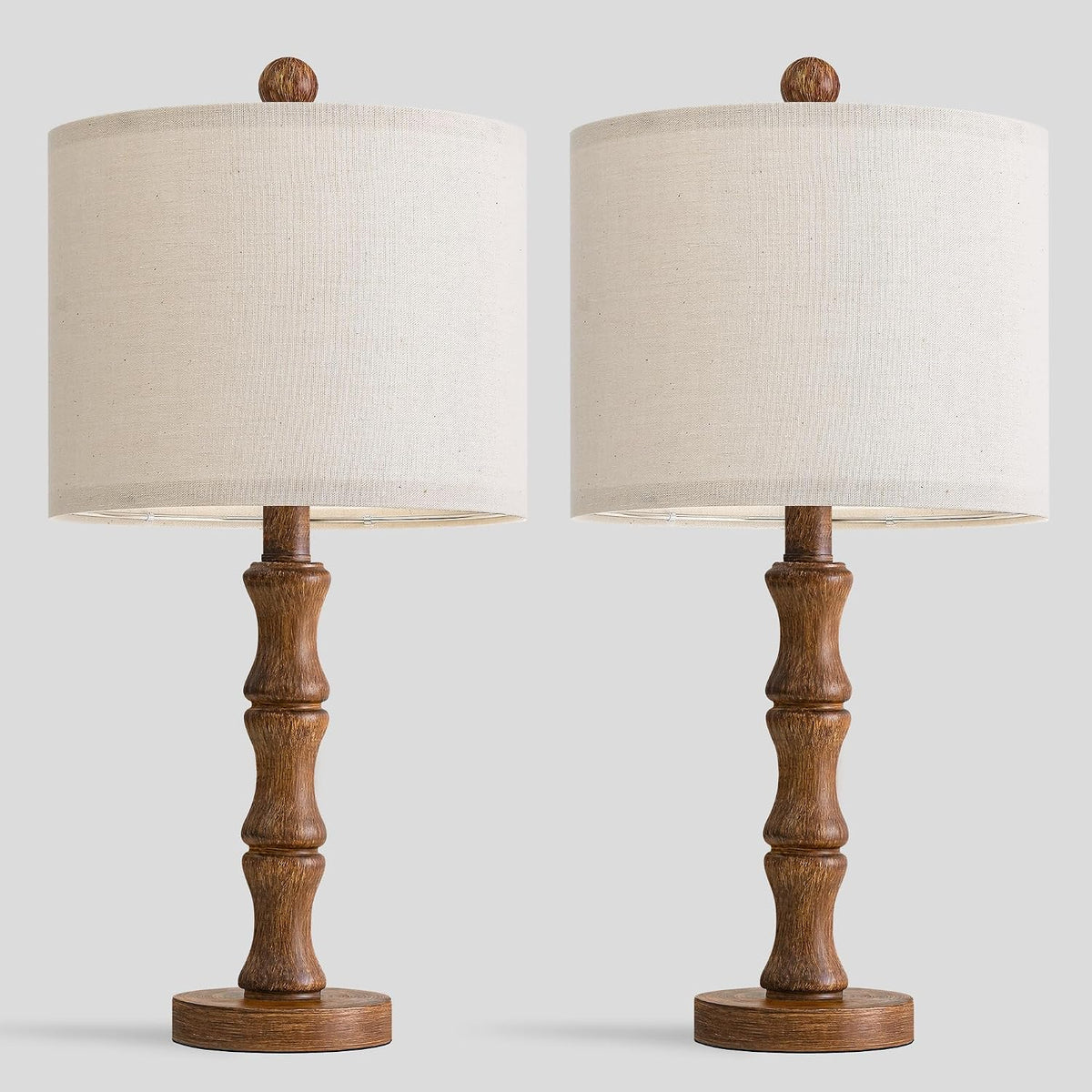 BOBOMOMO 20.5" Rustic Table Lamps Set of 2, Farmhouse Nightstand Lamp with Wood Grain Resin Base & Linen Shade, Small Bedside Lamp for Bedroom, Living Room & Apartment Décor- Ideal for Small Spaces