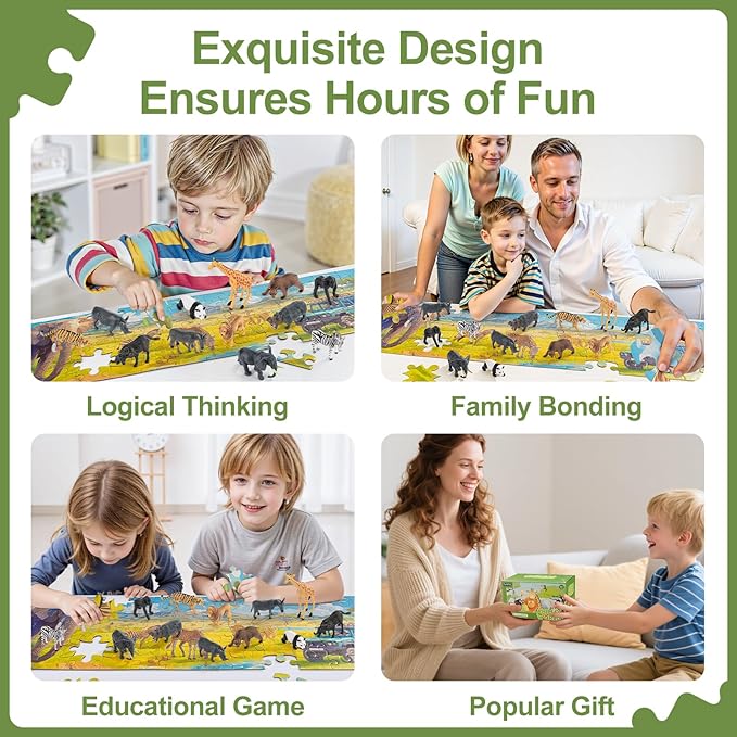 Safari Animals Figures Toys,12PCS Realistic Wild Zoo Animal Figurines Sensory Toys Plastic African Jungle Animals Playset and 108PCS 29.5'' Jungle Jigsaw Puzzles Toy for Kids Toddlers