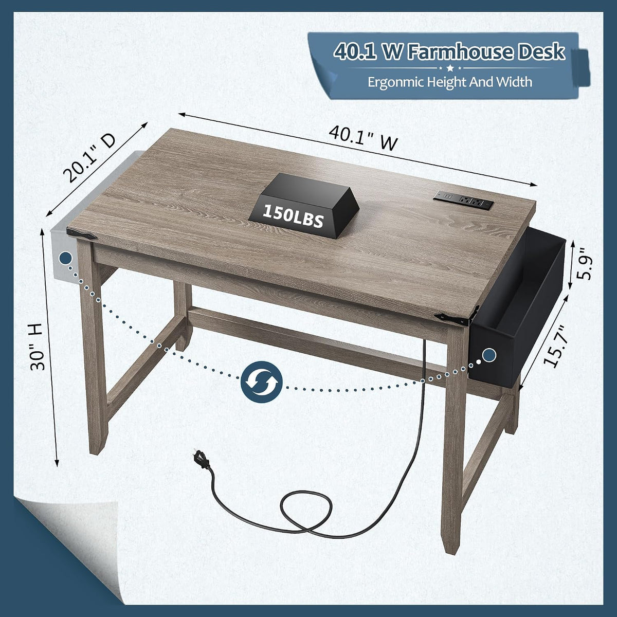 EnHomee 40" Writing Desk with Storage Bag & Power Outlet for Small Spaces