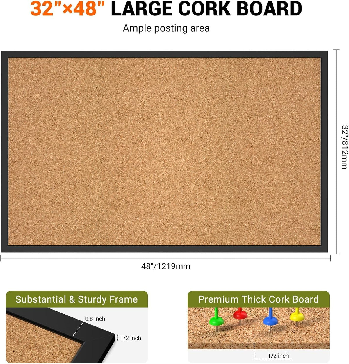 Forlogic Cork Board Bulletin Board with Black Wood Frame， 32 x 48 Large Corkboard Pin Board for Wall,Office,Home and School