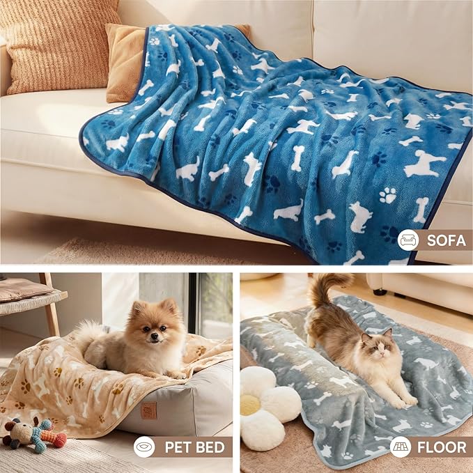 Luciphia 1 Pack 3 Blankets, Cute Dog Printed Fluffy Fleece Pet Blanket for Dogs Cats Washable, Warm Soft Throw Cover for Crate Couch, Gifts Puppy Essentials, Blue/Grey/Khaki, Large (41x31 inch)