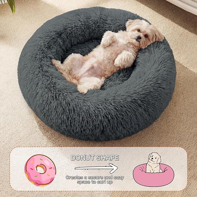 Calming Dog Bed, 24" x 24" x 6" Fits Cat & Dog, Anti-Slip Round Washable Faux Fur for Doze Off, Napping Orthopedic, Dark Grey