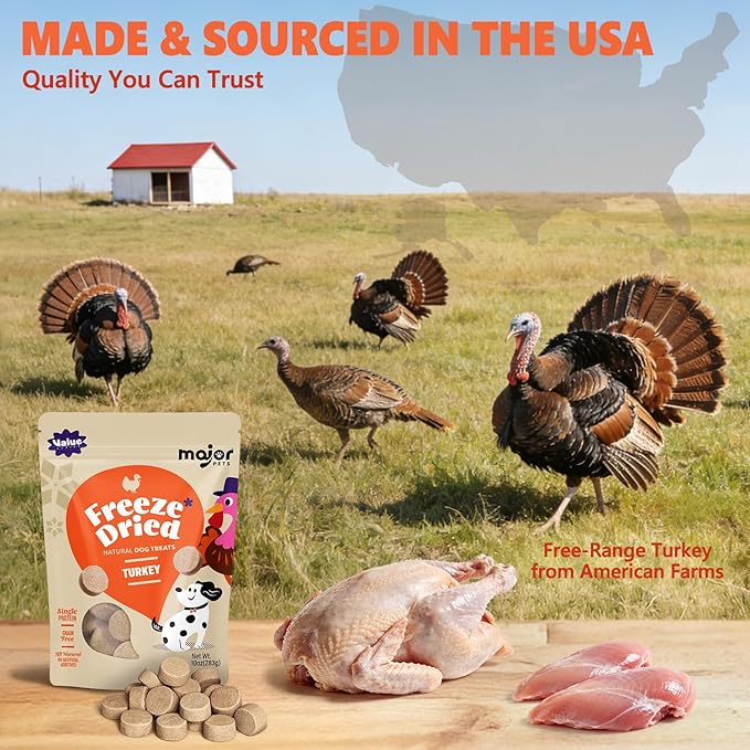 MAJOR PETS Freeze Dried Turkey Dog & Cat Treats, Quality High Protein, Hypoallergenic, Grain Free, Gluten Free, Human-Grade, Made in the USA, Easy to Digest for Training & Meal Topper, 10oz