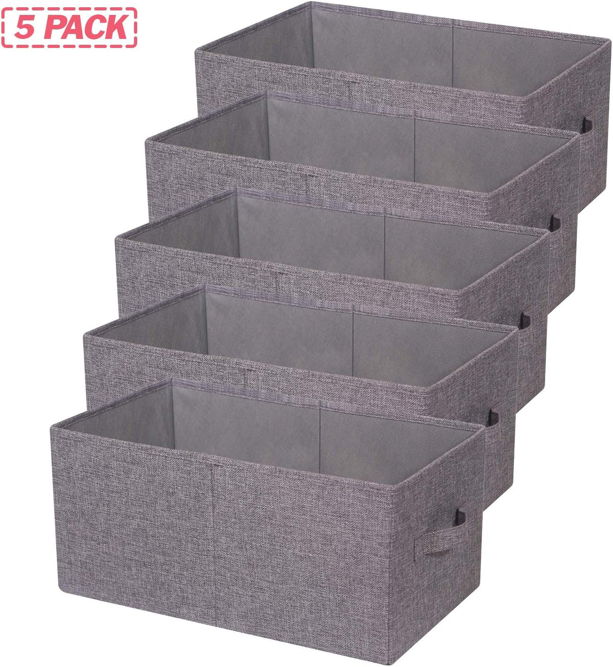TENABORT Set of 5 Closet Organizer Bins with Handle, Fabric Foldable Storage Baskets Cloth Box Containers for Shelves Home Office Clothes Clothing, Gray, Jumbo