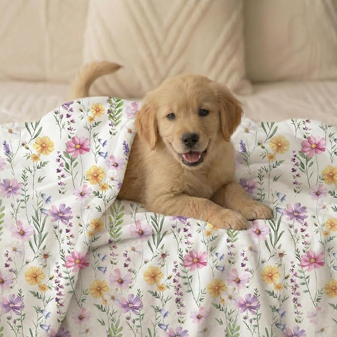 Horaldaily Pets Flannel Blanket, Spring Summer Watercolor Wildflowers Soft Fuzzy Fluffy Plush Cozy Fleece Premium Blankets for Dog Cat Puppy Kitten Couch Protection, 16x23