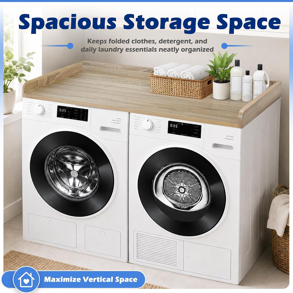 ROYXEN Washer Dryer Countertop, Laundry Countertop Solid Wood, Countertop for All Front-Loaded Washing Machine and Dryer, Extra Room for Laundry Room, White Oak
