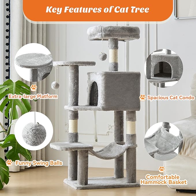Cat Tree Tower 44 Inch, Small Cat Tower with Condo, Hammock, Sisal Scratching Posts, Extended Perch, Pet Play House for Indoor Kittens and Cats, Light Grey