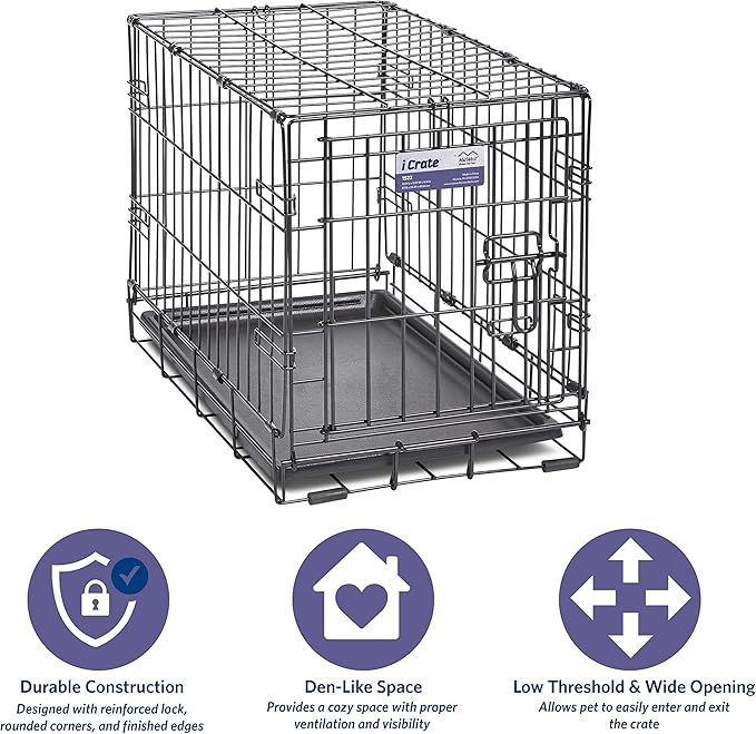MidWest Homes for Pets 22-Inch iCrate for Extra-Small Breeds, Up to 15 lbs, Single Door Folding Dog Crate with Divider Panel, Leak-Proof Tray & Secure Latch, Portable, Durable & Easy to Assemble