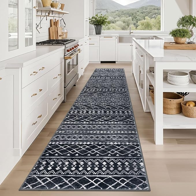 KUTA Hallway Runner Rug 2.6x12 Non-Slip Washable, Moroccan Vintage Black Boho
