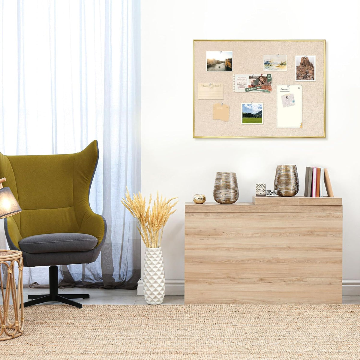 DOLLAR BOSS Linen Bulletin Board, 36'' x 24'', Golden Frame, Beige Brown