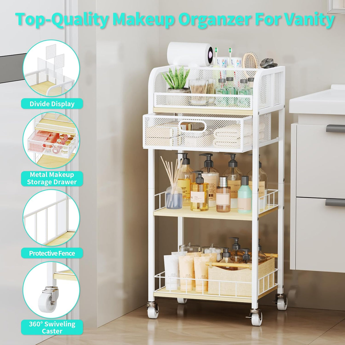 HapiRm Makeup Organizer Storage Cart - Floor Skincare Make Up Organizers with 4 Drawers, Rolling Makeup Cart Vanity Organizer Cosmetics Display Cases Holder for Skin Care Nail Polish Pure White