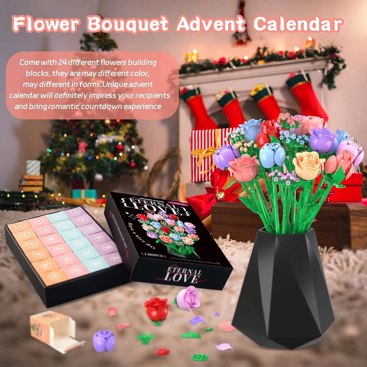 Sopu Flower Advent Calendar 2026, 24 Day Christmas Countdown Building Set - 1380 PCS Botanical Flower Bouquet Building Blocks, DIY Forever Flowers Gift for Teens & Adults, Home Decor
