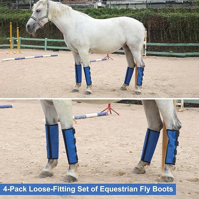 Horse Fly Boots Set of 4 - Non-Slip Leg Guards Extra Tough Mesh Ventilated, Adjustable Horse Fly Leggings Reduce Stomping & Hoof Stress & Leg Fatigue RoyalBlue Large