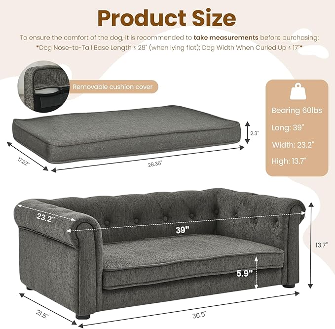 Elevated Dog Sofa with Backrest and Armrests, Button Tufted Dog Couch Bed with Soft Cushion for Medium Dogs, Stylish Lounging Bed Pet Couch Chair, 60Lbs Weight Capacity, Dark Gray
