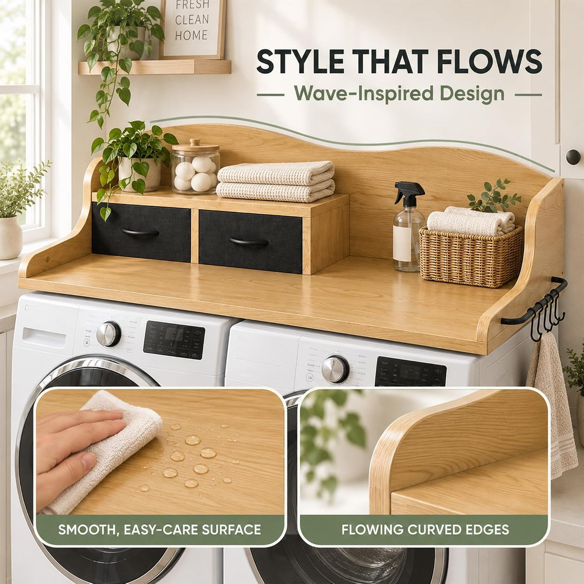 2-Tier Washer Dryer Countertop, Laundry Room Organizer with Drawers & Side Hanging Rod, Wave Design Washer Top Shelf for Folding Clothes and Storage, Laundry Countertop Cover with Hooks