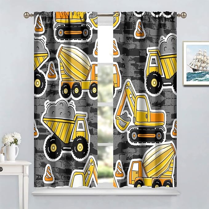 Kids Construction Excavator Window Curtains