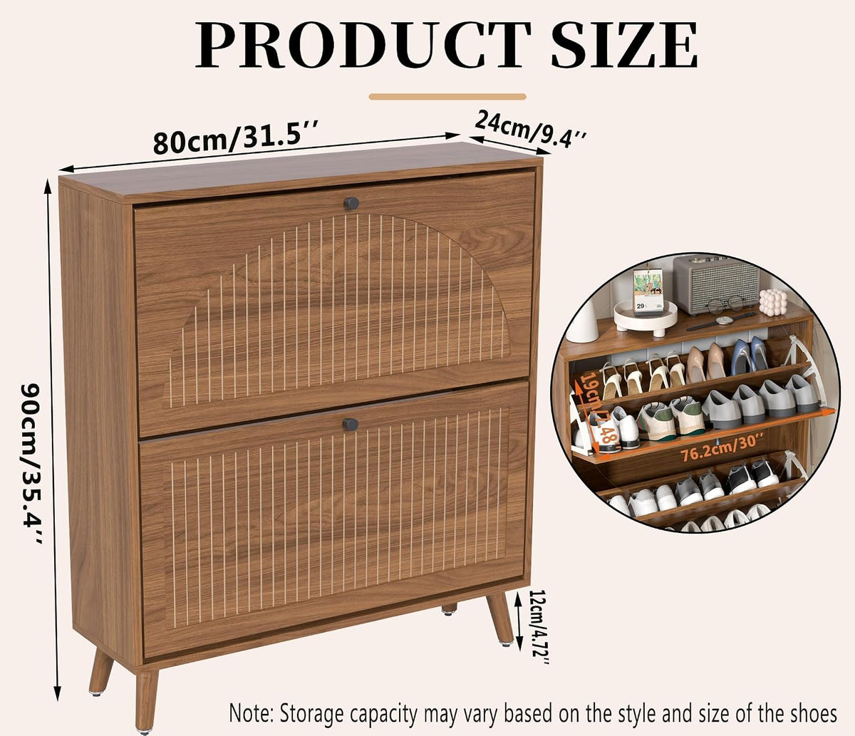 Fsbecl Shoe Cabinet Storage for Entryway with 2 Fluted Flip Drawers, Modern Freestanding Narrow Shoe Organizer with Adjust Shelves, Wooden Hidden Shoe Rack for Foyer, Hallway, Walnut