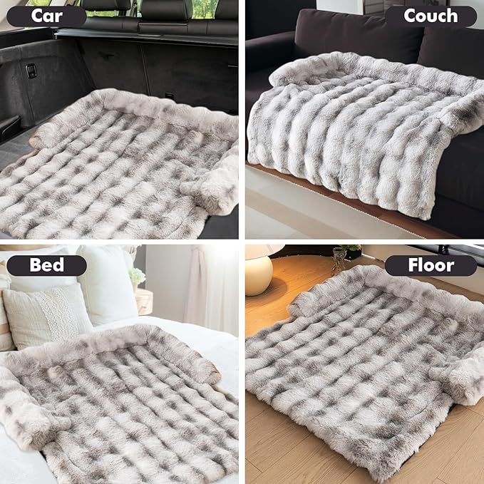 LiveGo Fuzzy Pet Couch Covers for Sofa, Dog Couch Cover Fuzzy Sofa Cover Cream Square Plaid Dog Bed Plush Dog Mat for Furniture Protector for Large Medium Dogs and Cats