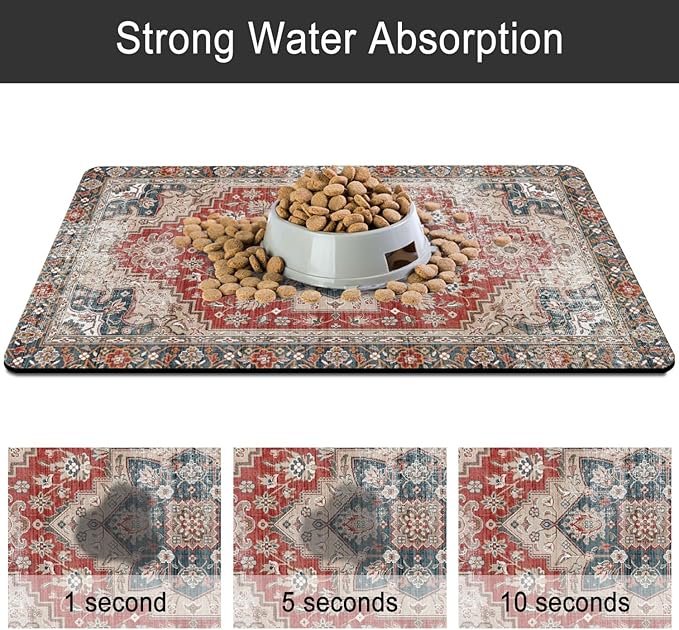 Dog Food Mats for Floors, Absorbent and Quick-Drying Pet Cat Food Mat,Anti-Fouling and Easy-to-Clean Pet Feeding Mat,Dog Bowl Mat for Messy Drinking Water Bowls.12 x20, Bohemia Style