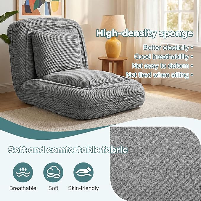 Human Dog Bed for Adults & Pets, 5-Position Adjustable Floor Chair, Convertible Lazy Sofa Bed with Metal Frame & 2 Pillows, Plush Gaming Lounge for Living Room Bedroom Office (Gray)