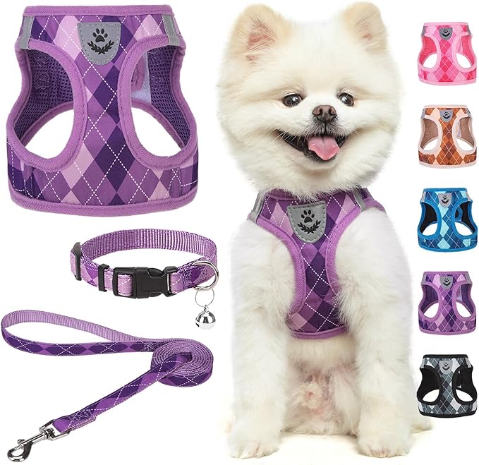 SCENEREAL Small Dog Harness and Leash Collar Set, Step in No Pull Soft Mesh Dog Harnesses for Small Medium Sized Dogs Puppy and Cats Outdoor Walking, No Chock Reflective Vest Harness, Purple Plaid S