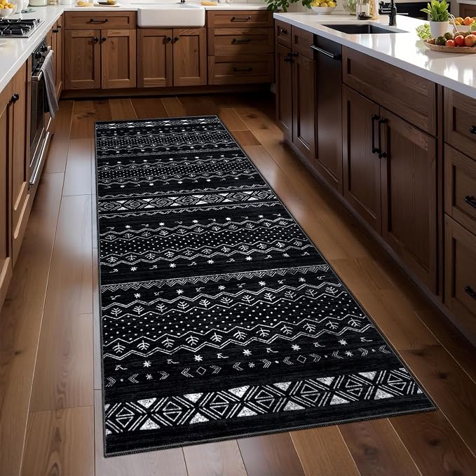 SERISSA 2x5 Kitchen Runner Rug, Washable Non-Slip Black and White Boho Rug