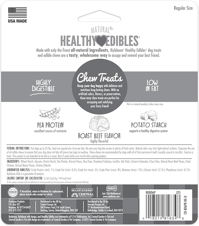 Nylabone Healthy Edibles Natural Dog Chews, Long Lasting Bones for Dogs, Roast Beef Flavor Dog Treats, Small (3 Count)