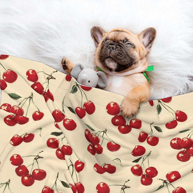 Waterproof Dog Blanket Soft Pet Blanket for Puppy Cat, Fleece Cat Throw Blankets for Furniture Bed Couch Sofa Reversible - Red Cherries 3