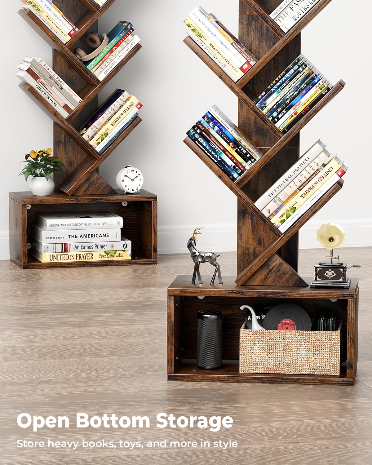 Evermagin 6 Tier Tree Bookshelf with Light, Bookcase, Rustic Brown
