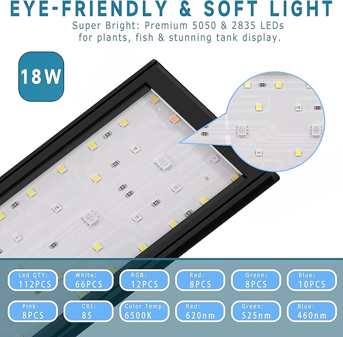 24/7 Mode LED Aquarium Light for 24-30 Inch Plant & Fish Tank, IP68 Full Spectrum Light, Sunrise-Daylight-Moonlight, White Red Green Blue Pink LEDs with Extendable Brackets for Freshwater