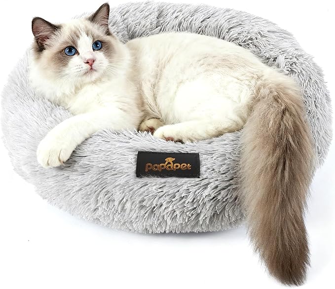 PaPaPet Premium Donut Cat&Dog Bed for Indoor Cats, Ultra Soft Washable Pet Bed for Puppy and Kitten, Plush Long Pile Faux Fur Fabric with Anti-Slip Bottom