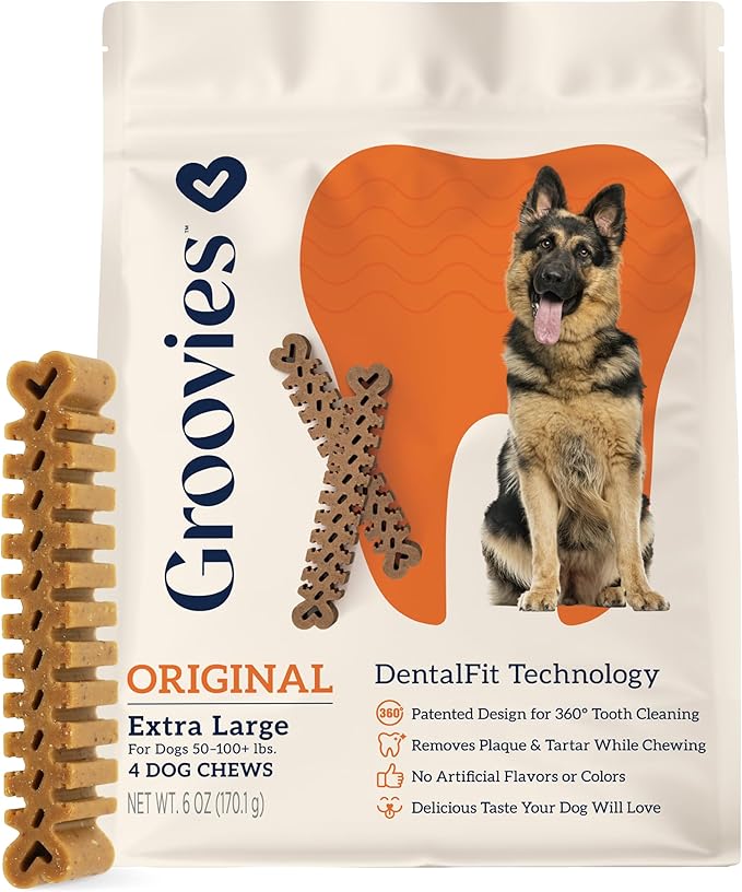 Groovies Flexible Dog Dental Chews with Patented DentalFit Technology to Help Support Tartar Control & Fresh Breath, XLarge Dog Chews for 50-100 lb Dogs, USA Manufactured Oral Care, 4 Chews