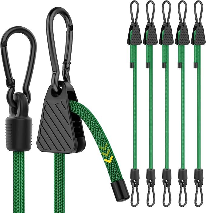 Bungee Cords with Hooks, 48 Inch Adjustable Green Bungee Cords with Carabiner Heavy Duty Outdoor, 8mm Thick Easy to Adjust Bungee Rope UV Resistant for Truck Bed, Bike Rack, Trash Can, Moving, 6 Pack