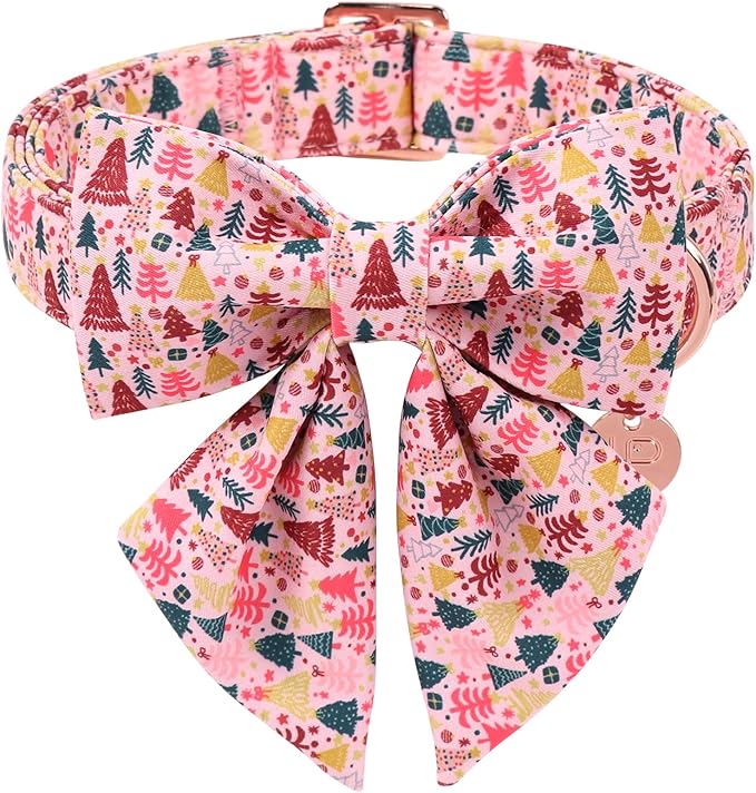 Christmas Dog Collar with Bow Tie, Pink Christmas Tree Collars for Dogs, Adjustable Pet Collar with Cute Xmas Tree Pendant, Winter Dog Accessories for Small Medium Large Dogs XL