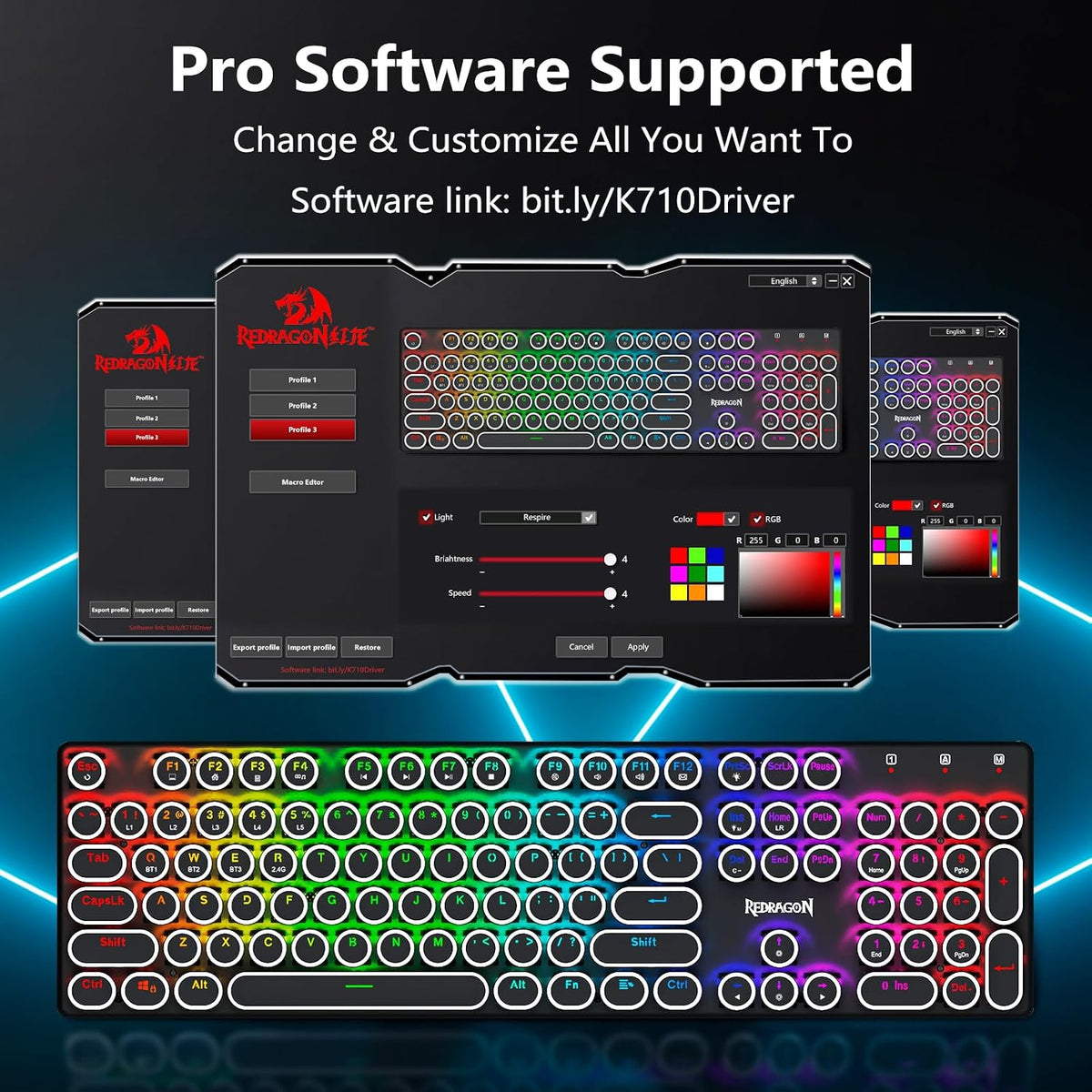 Redragon K710 Wireless Typewriter Style Mechanical Gaming Keyboard, Black