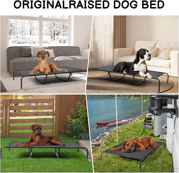 Elevated Dog Bed Raised Outdoor Dog Cot for Large Dogs, Pet Products Dog Cots Beds with Washable Cooling Breathable Mesh Anti-Slip Feet, Heavy Duty Durable Metal Frame, Cama para Perros 60" Black