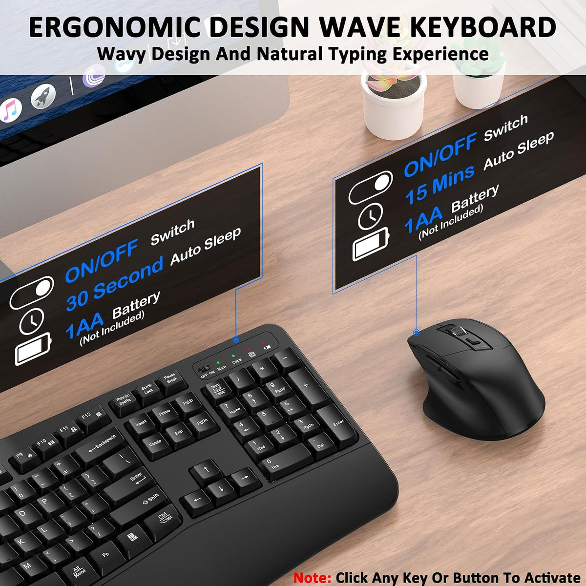 Wireless Keyboard and Mouse Combo, 2.4G Ergonomic Wave Keys(Black)