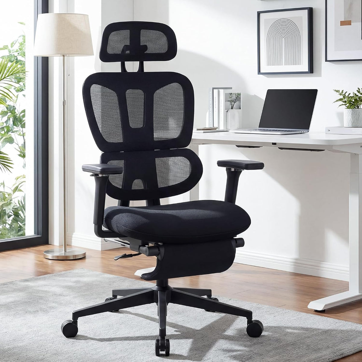 Ergonomic Office Chair with Footrest, 90-135° Reclining High Back Desk Chair with Lumbar Support, 2D Headrest, 4D Armrests, Computer Chair for Long Hours, Black