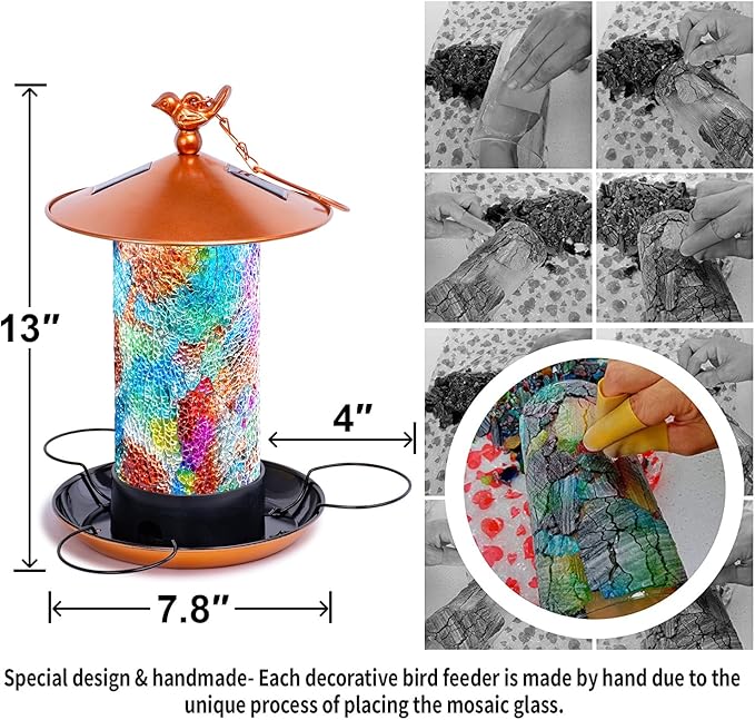 Ottsuls Mosaic Solar Bird Feeder for Outdoors Hanging, Waterproof Lantern Shape with S-Hook & 4 LED Lights, Garden Decor for Lawn, Patio, Balcony, Yard - Unique Gifts for Bird Lovers