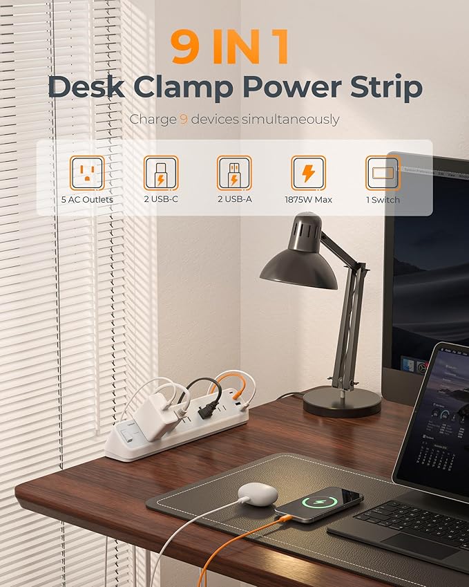 TESSAN Desk Clamp Power Strip 6 Ft, 2100J Surge Protector, 5 Outlets and 4 USB Ports (2 USB C), 1875W, 15A, Flat Plug Extension Cord with Multiple Outlets for Gaming Home Office Dorm Room