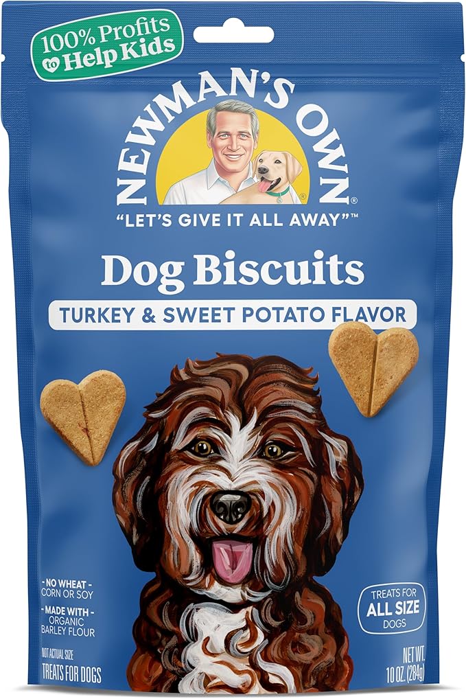 Newman's Own Turkey & Sweet Potato Dog Biscuits, 10 oz Bag (Pack of 6) — Oven Baked Crunchy Training Treats, Organic Ingredients, No Wheat Corn or Soy, Premium Quality Wholesome Dog Cookies