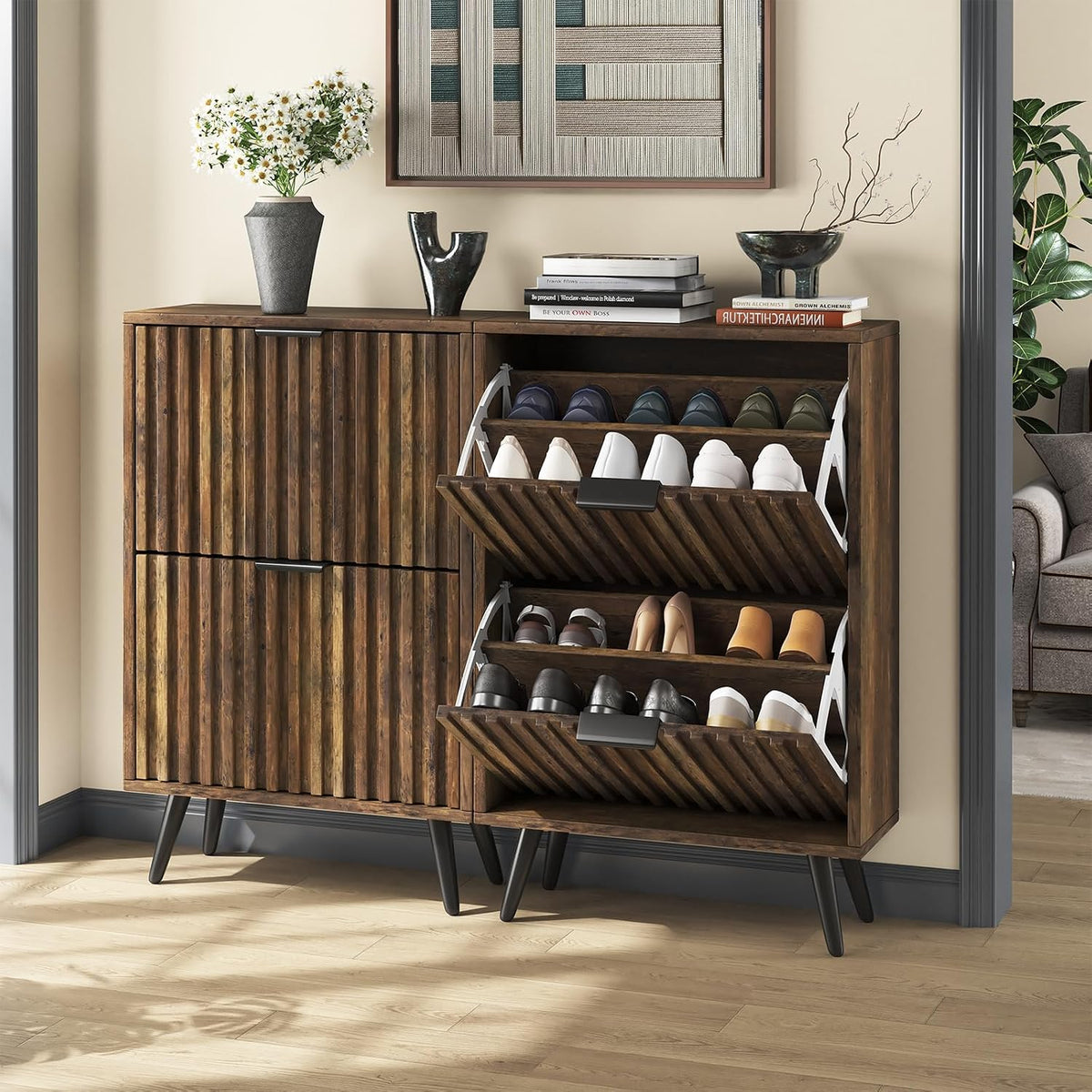 Slim Wood Shoe Cabinet with Flip Drawers, Modern Narrow Entryway Shoe Storage Organizer for Hallway, Fluted 23.6" Shoe Cabinet, Brown Hidden Shoe Storage, Mid Century Style, Walnut